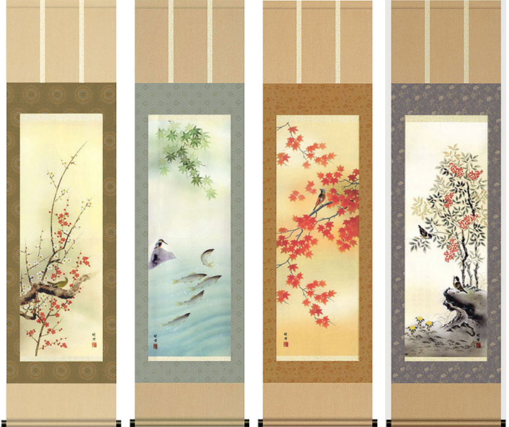 美品 掛け軸 佐藤純吉作 花鳥四季揃図 共箱 4本セット 美術年鑑掲載 美