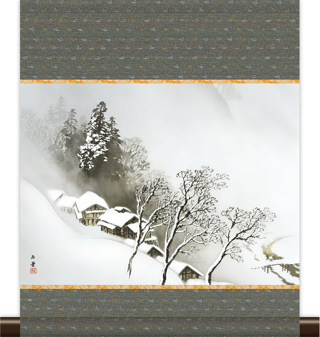 掛け軸 川合玉堂 釣人山水 紙本 名品 複製 希少 軸装 茶道具 掛軸 美品