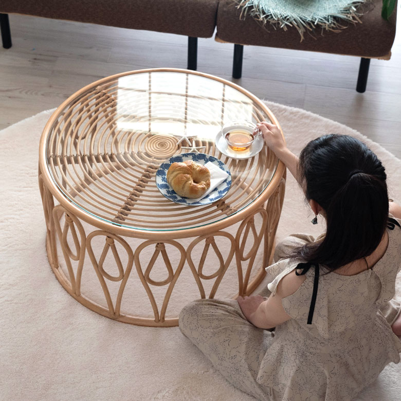 楽天市場】センターテーブル ラタン製 円型 ガラス天板 径71cm 高さ