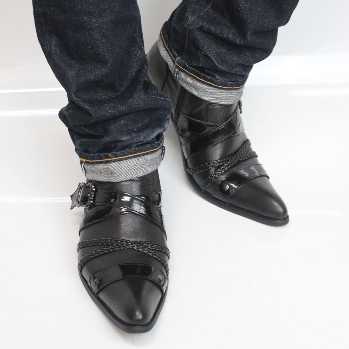 楽天市場】ブーツ メンズ ショート 5cmヒール 黒 エナメル