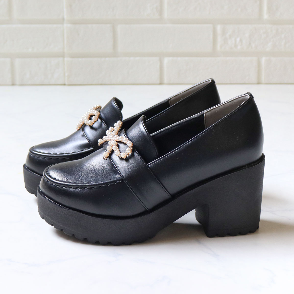 楽天市場】ローファー リボン ビジュー 飾り レディース 厚底 8cm