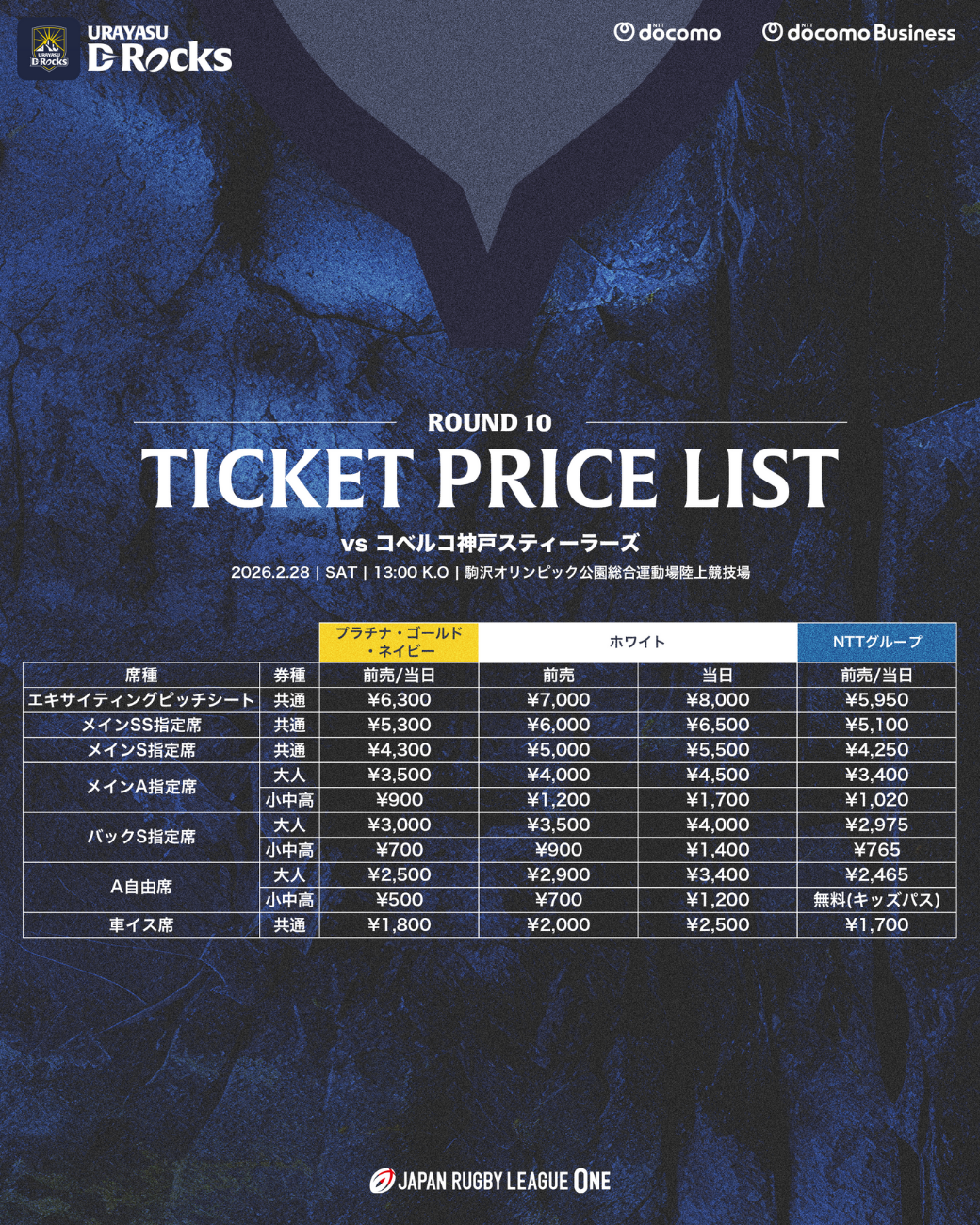 2月28日(土) コベルコ神戸スティーラーズ戦 チケット販売のお知らせ