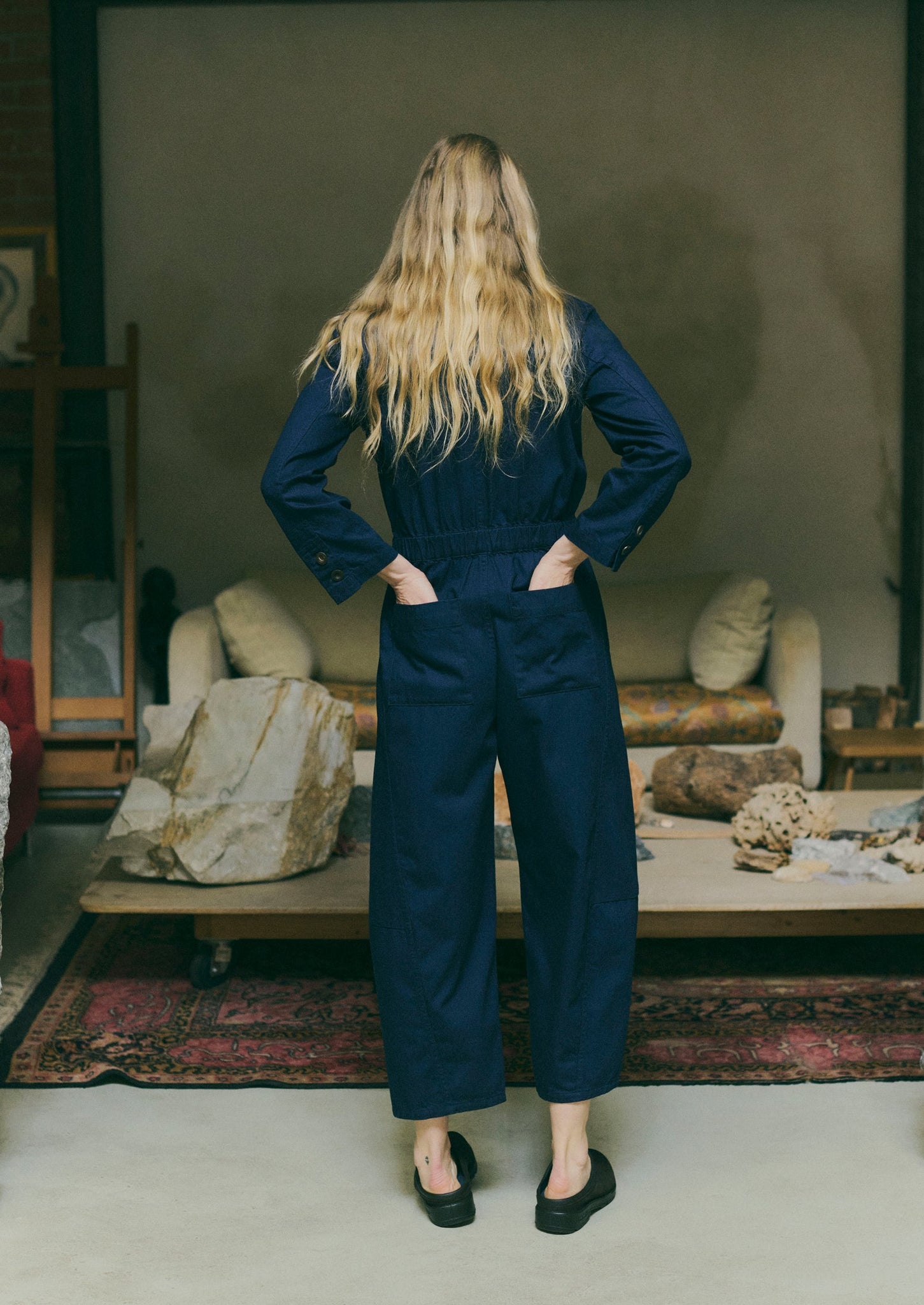 Half Placket Cotton Twill Jumpsuit | Indigo | TOAST