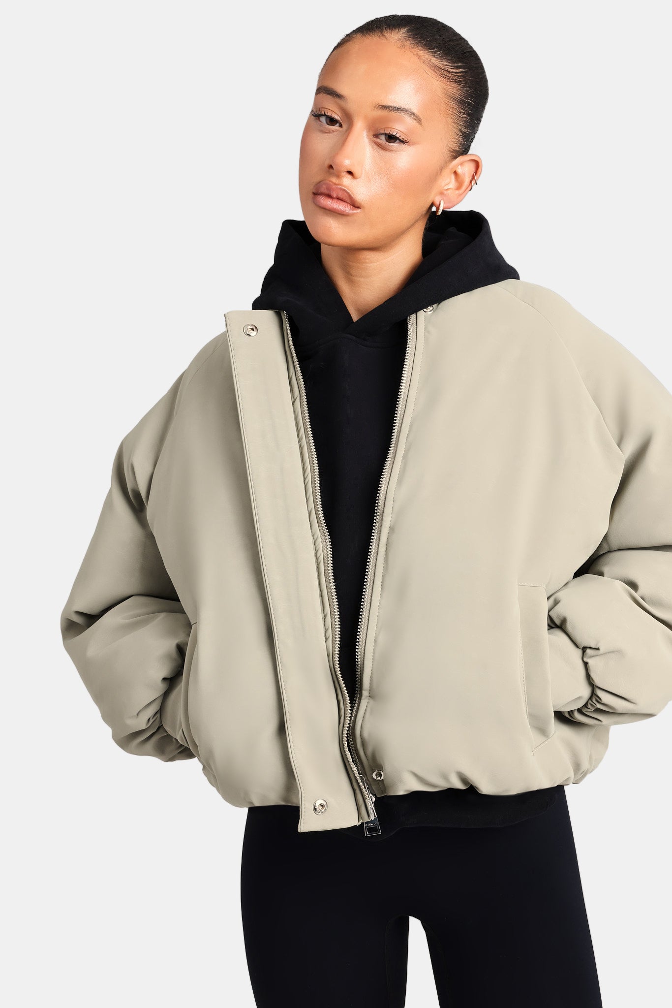 Cernucci Cropped PU Puffer Bomber Jacket - Sage | Womens Outerwear