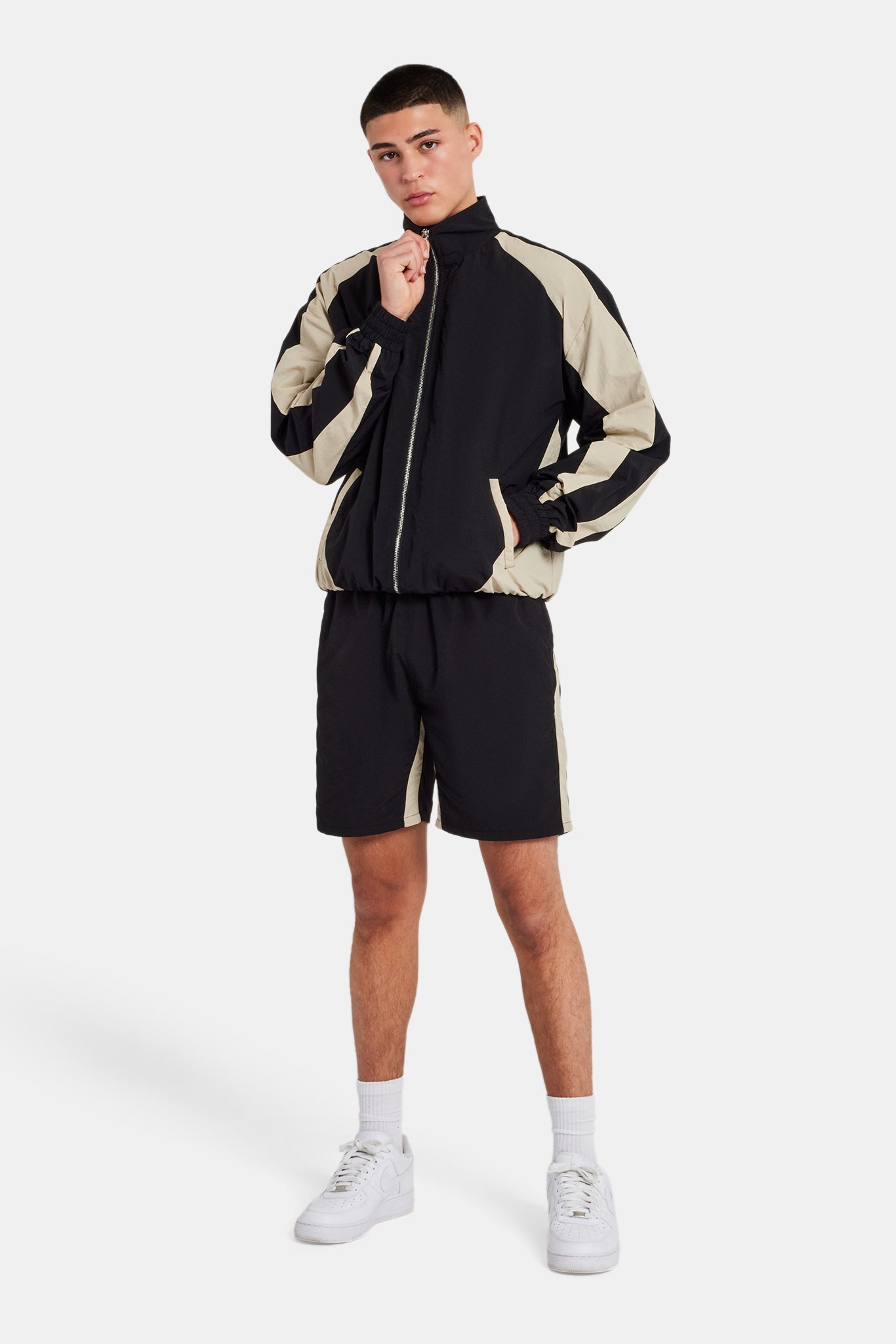 Nylon Panelled Track Jacket & Short Set - Black | Mens Sets | Shop