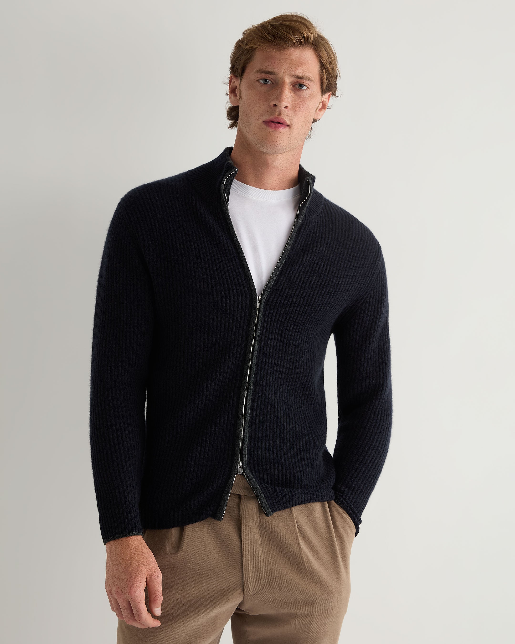 Men's Rib Full Zip Cashmere Cardigan Navy Blue | N.Peal