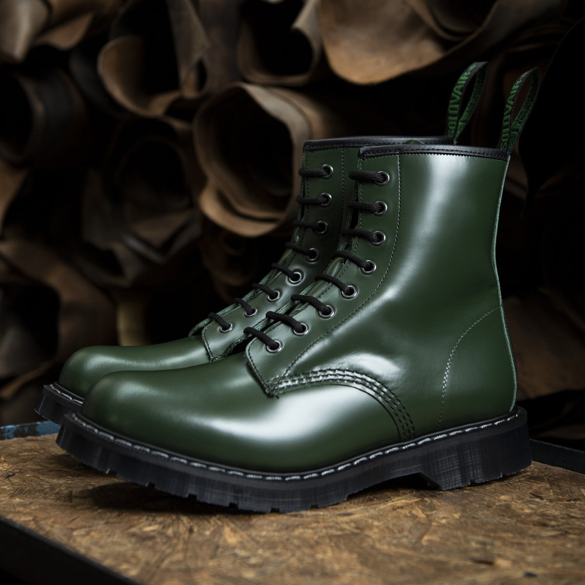 Green Hi-Shine 8 Eye Derby Boot | Solovair | Handmade in England