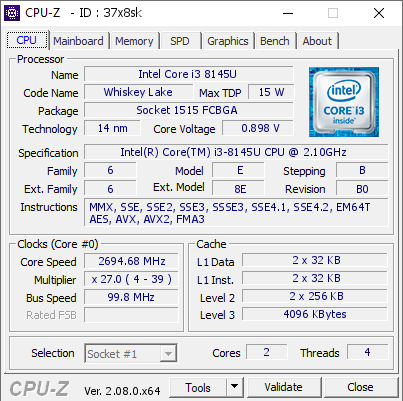 Intel Core i3 8145U @ 2694.68 MHz - CPU-Z VALIDATOR