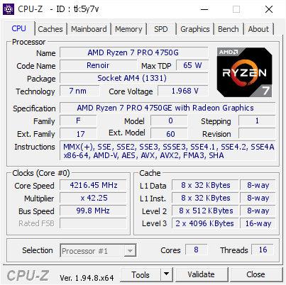 AMD Ryzen 7 PRO 4750G @ 4216.45 MHz - CPU-Z VALIDATOR