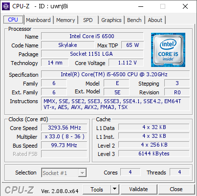 Intel Core i5 6500 @ 3293.56 MHz - CPU-Z VALIDATOR
