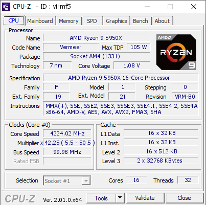 AMD Ryzen 9 5950X @ 4224.02 MHz - CPU-Z VALIDATOR