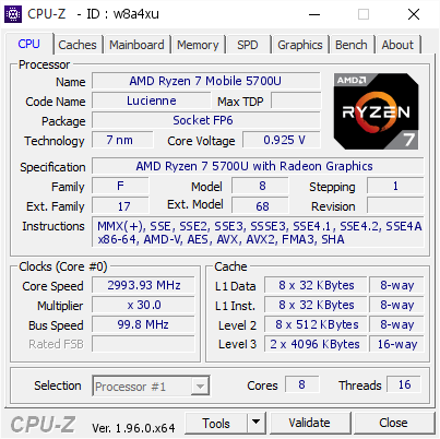 AMD Ryzen 7 Mobile 5700U @ 2993.93 MHz - CPU-Z VALIDATOR