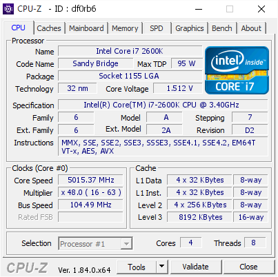 Intel Core i7 2600K @ 5015.37 MHz - CPU-Z VALIDATOR