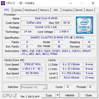 Intel Core i5 8400 @ 3788.87 MHz - CPU-Z VALIDATOR