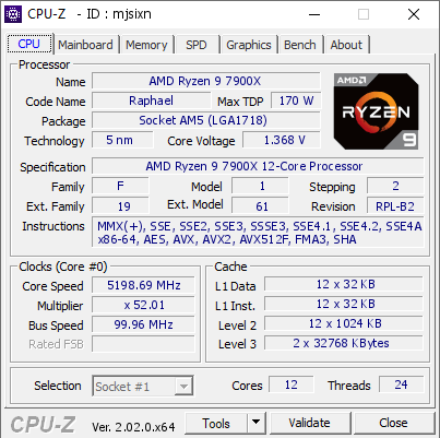 AMD Ryzen 9 7900X @ 5198.69 MHz - CPU-Z VALIDATOR