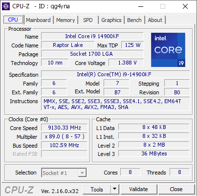 Intel Core i9 14900KF @ 9130.33 MHz - CPU-Z VALIDATOR