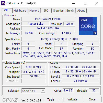 Intel Core i9 14900K @ 6100 MHz - CPU-Z VALIDATOR