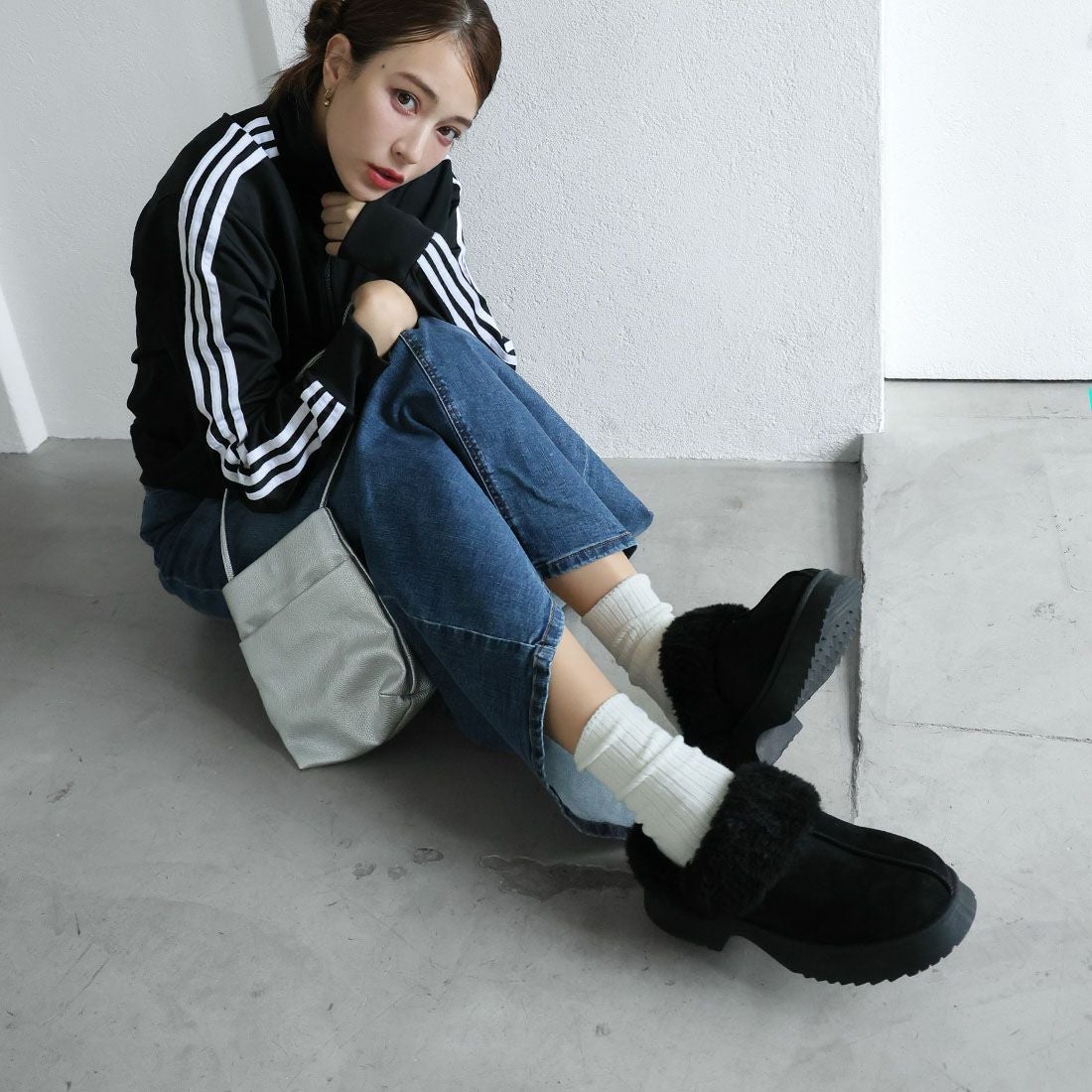 もふぽか厚底チャンキーヒールサボムートンブーツ ｜靴・レディース