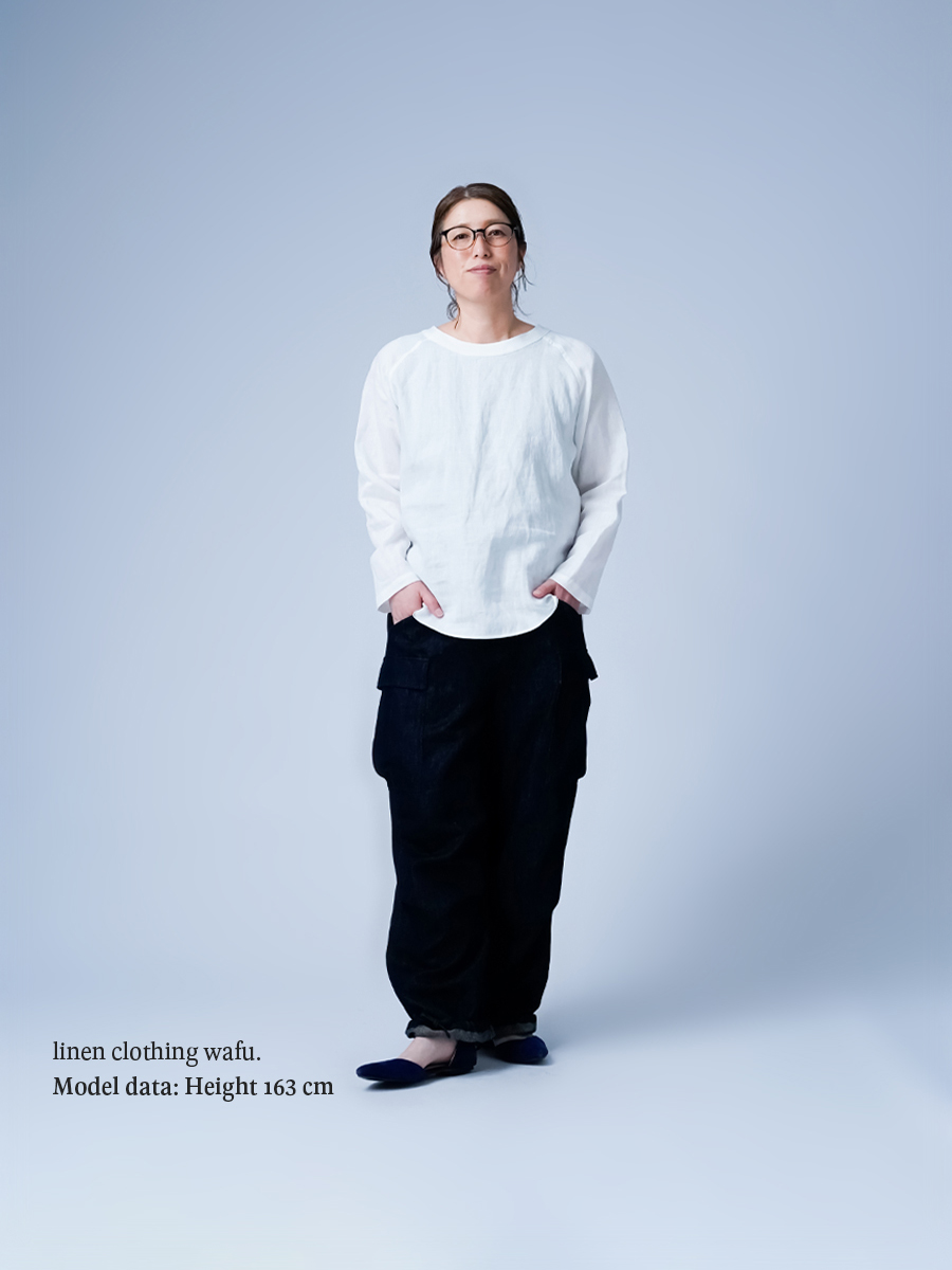 リネントップス】首があきすぎない ラグランスリーブ トップス ／ 白色