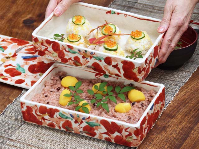 赤絵花舞重箱/陶器/長方形/2段 - 【おとなの和食器屋 さんすい通販本店】