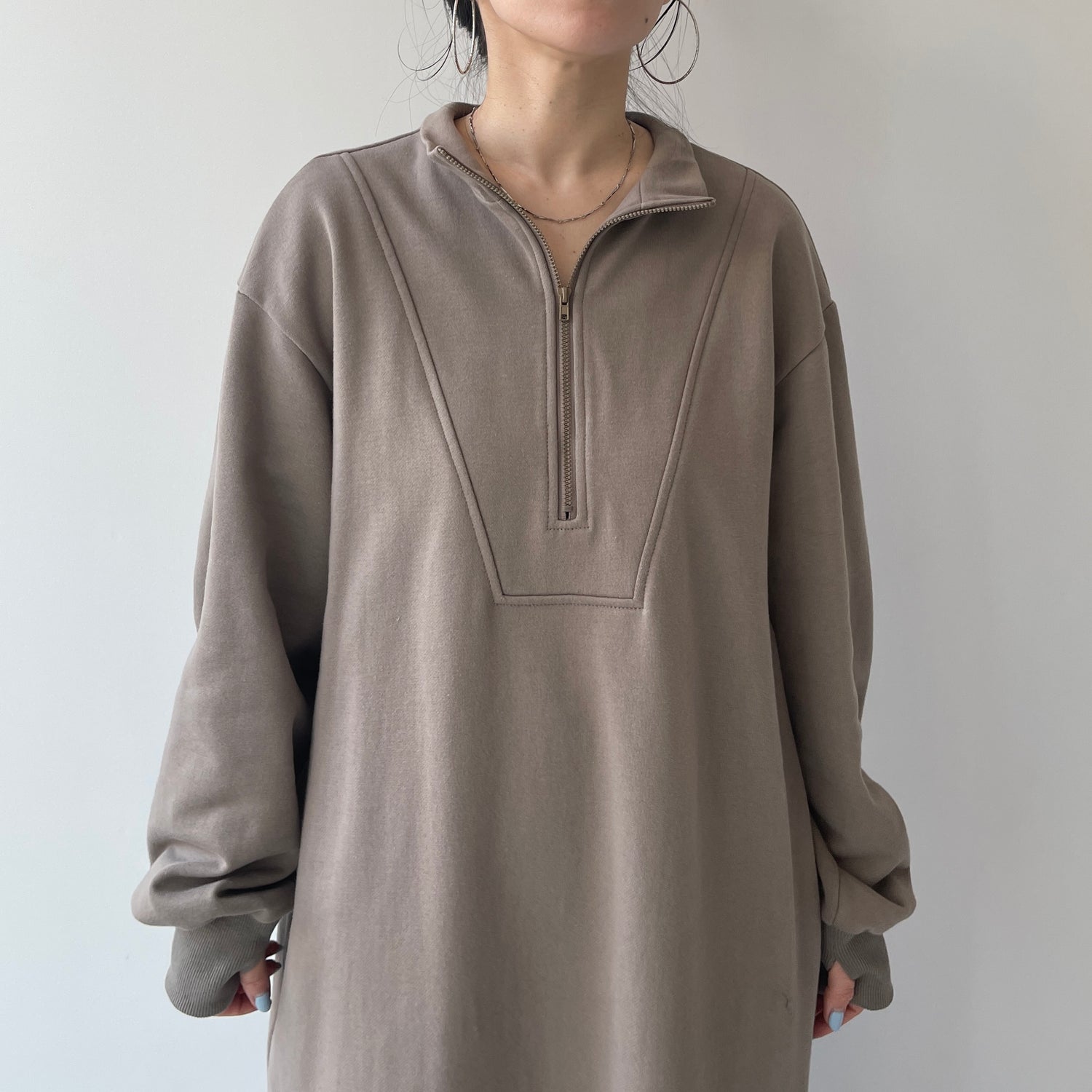 high neck half zip up sweat one piece / charcoal [3size