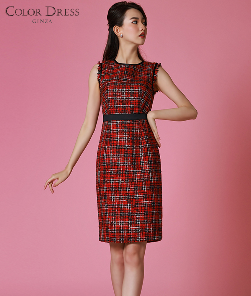 赤ツイードブラックラインミニワンピース/黒木麗奈 - カラードレス