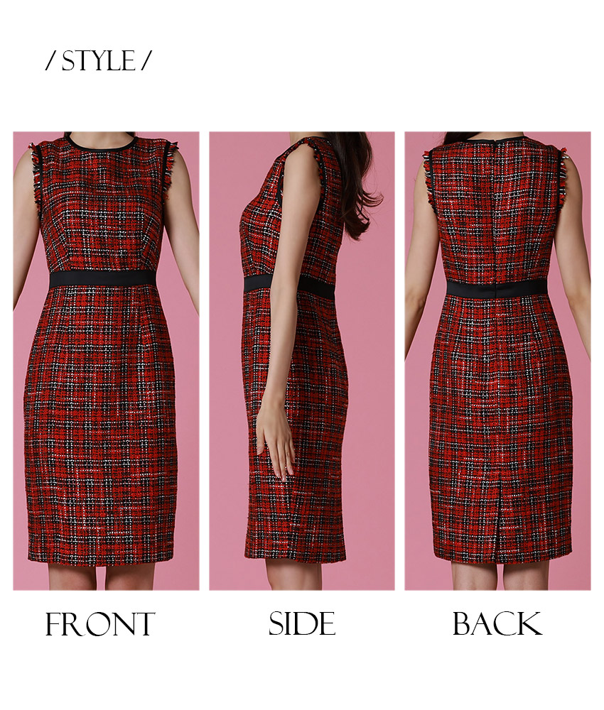 赤ツイードブラックラインミニワンピース/黒木麗奈 - カラードレス