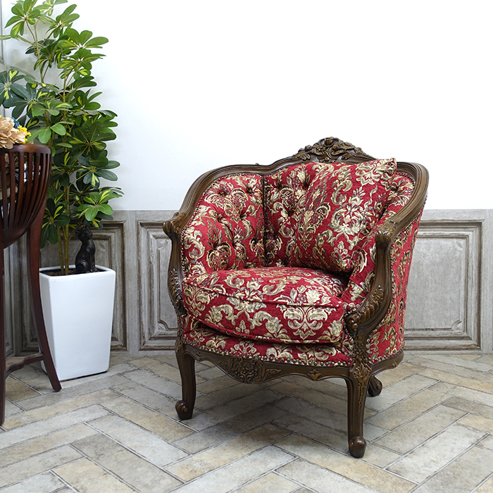 1人掛けソファ アンティークテイスト レッドダマスク 1008-1-5F101B