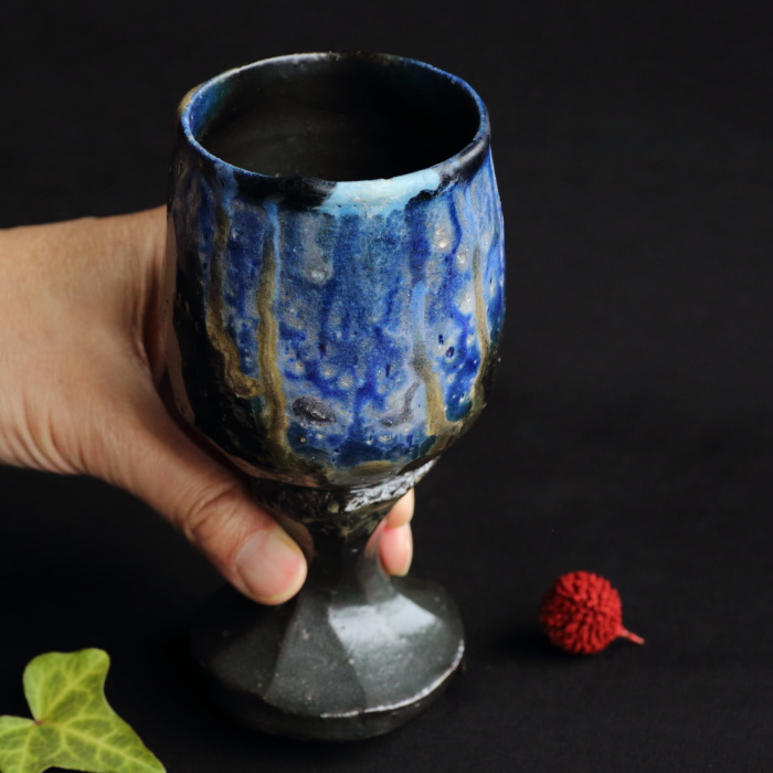 馬場隆志 備前窯変蒼ワイングラス 満容量280ml 登り窯焼成 陶芸作家