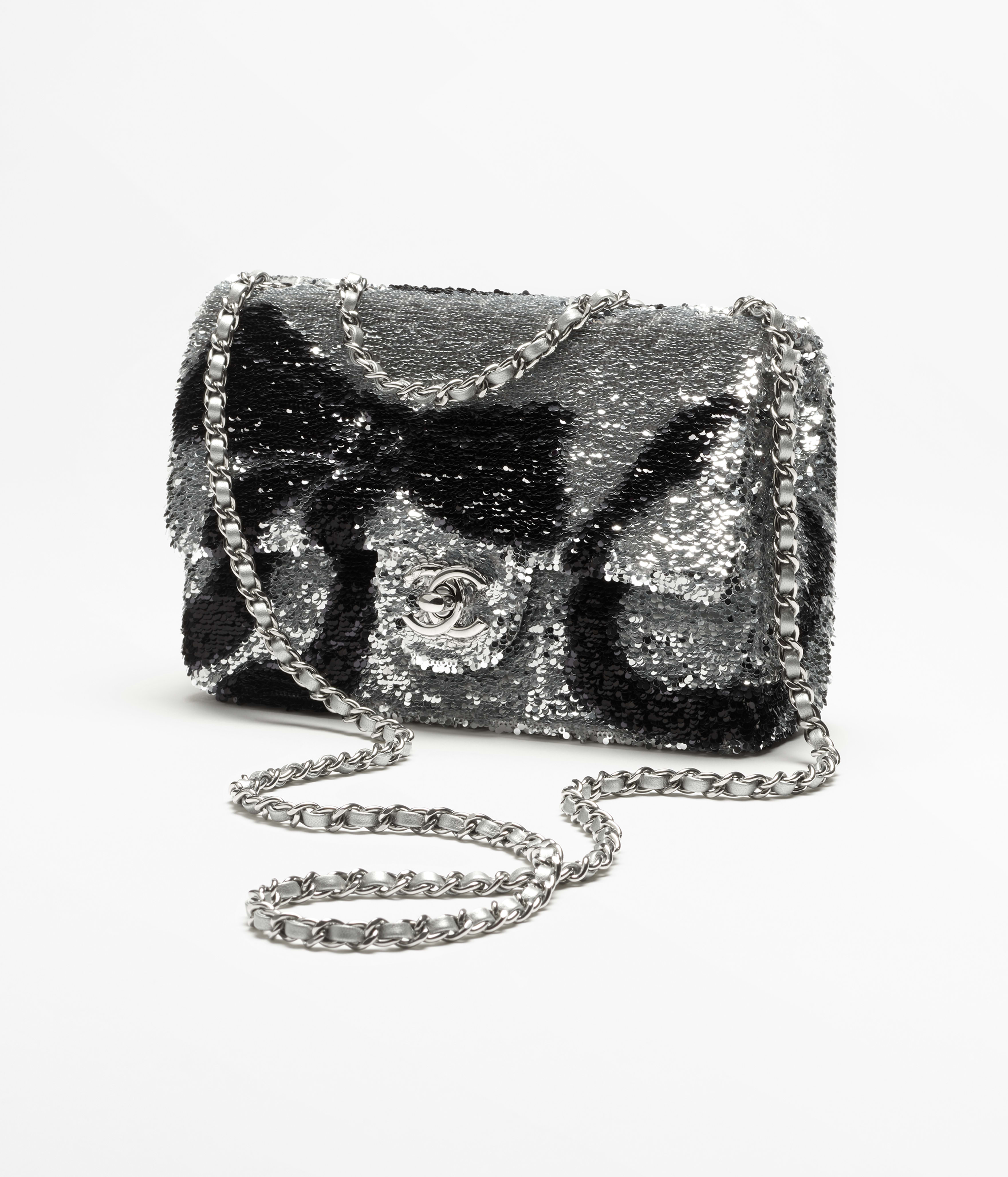 フラップ バッグ、スパンコール、シルバー & ブラック — ファッション