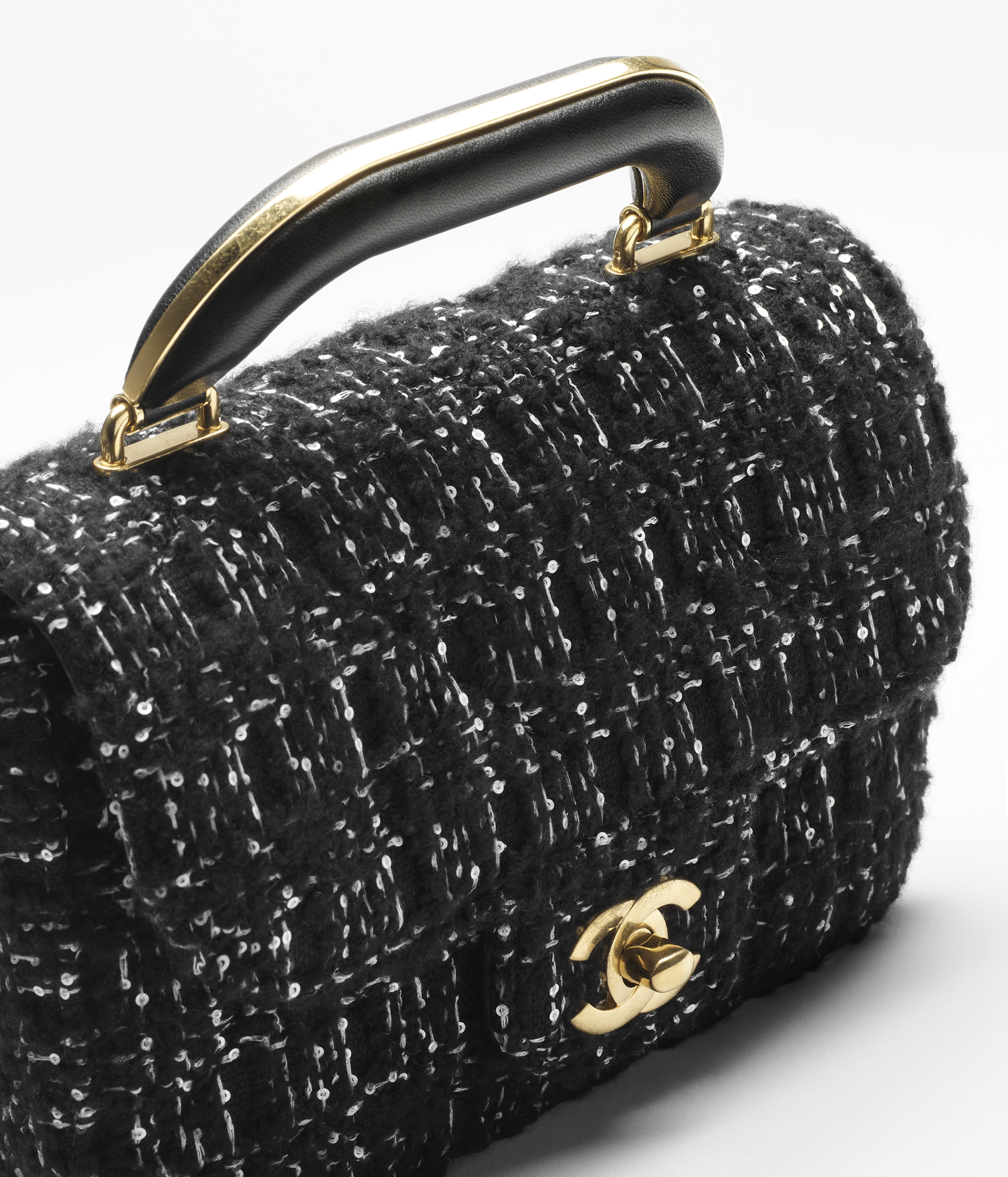 トップハンドル ミニ フラップ バッグ、カシミヤ ツイード、ブラック