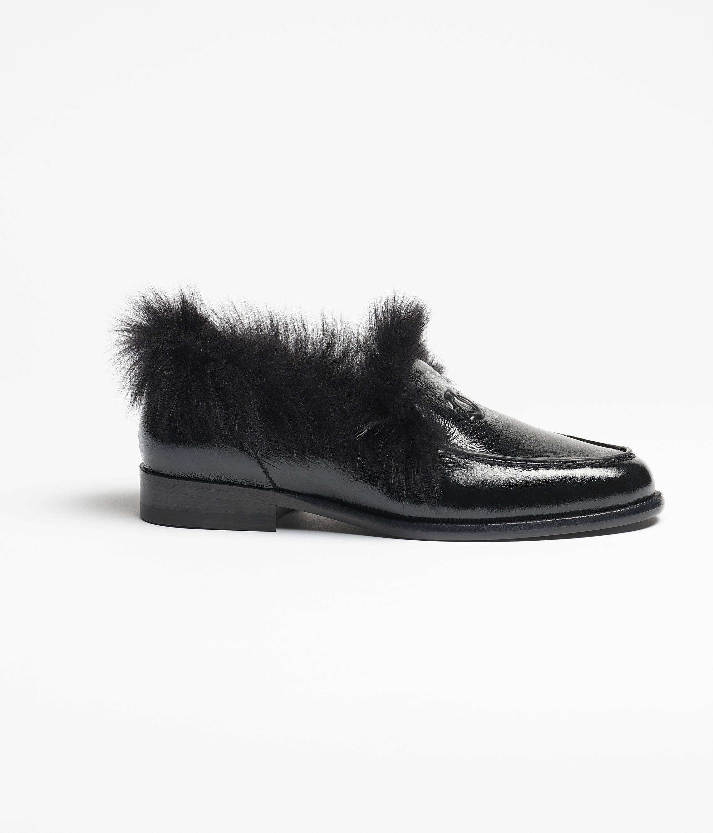 Moccasins - Shiny crumpled lambskin & shearling lambskin, black