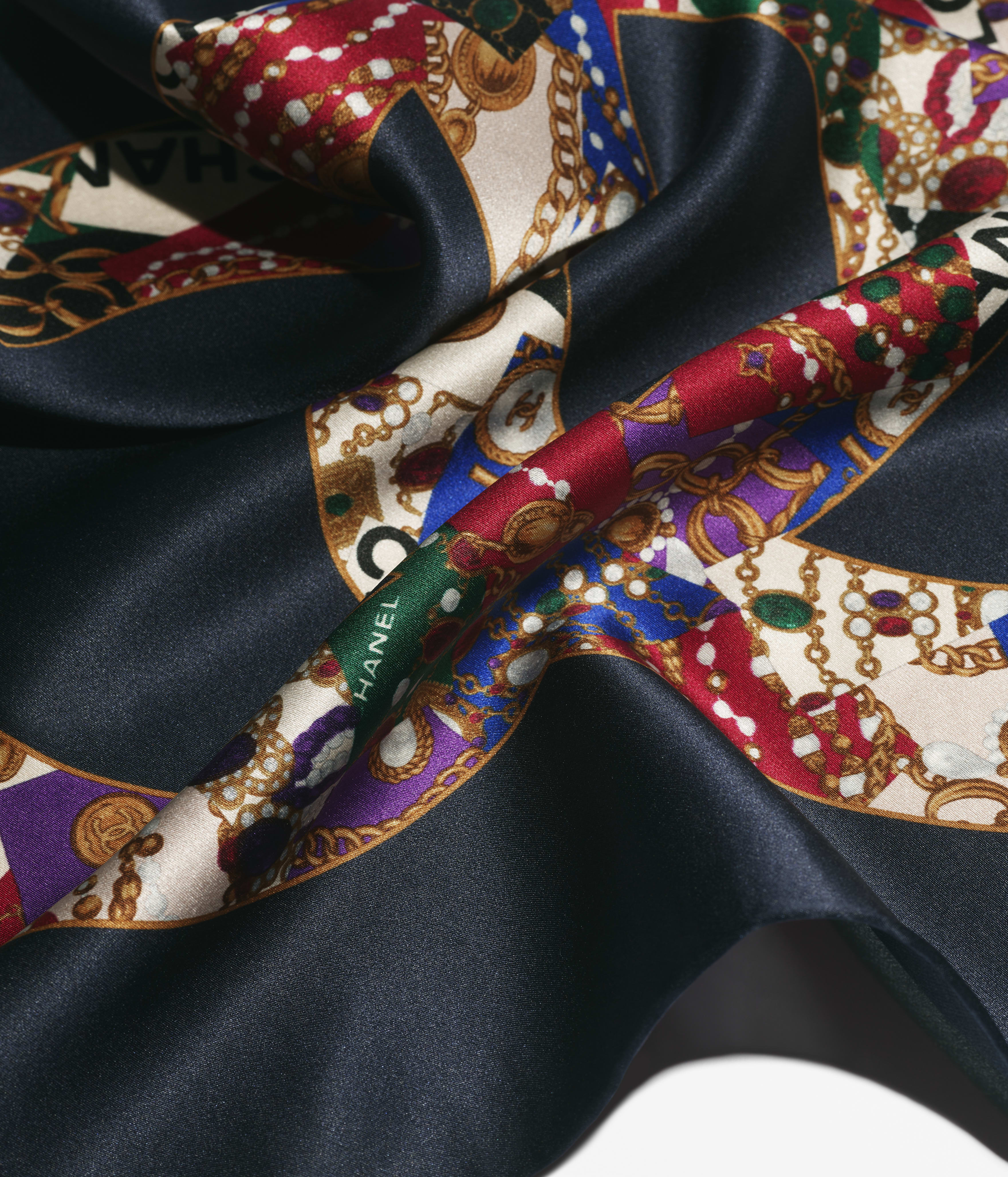 ミニ バンダナ - シルク サテン、ネイビーブルー、ゴールド & マルチ