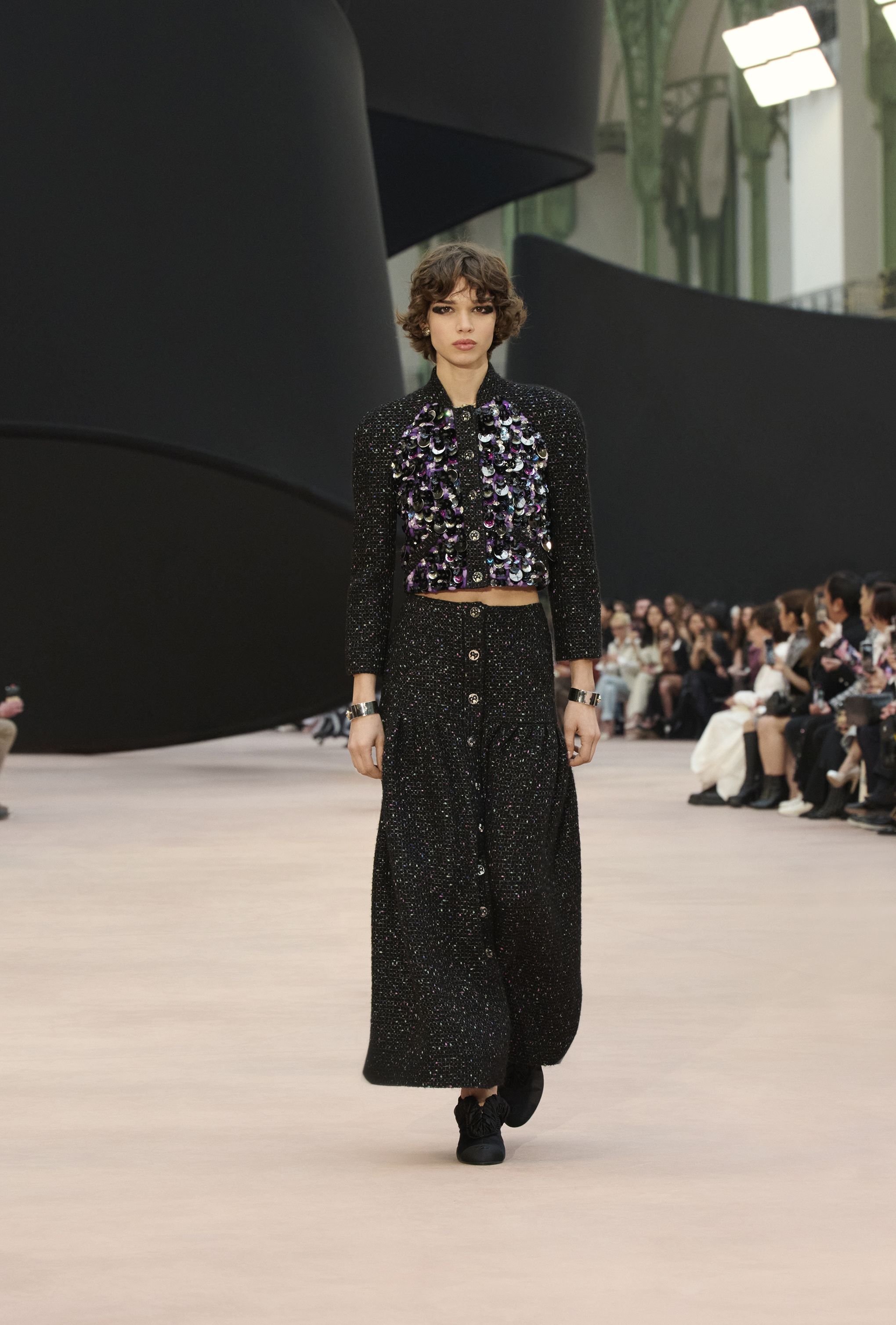 ロング スカート - ウール ツイード、ブラック & マルチカラー