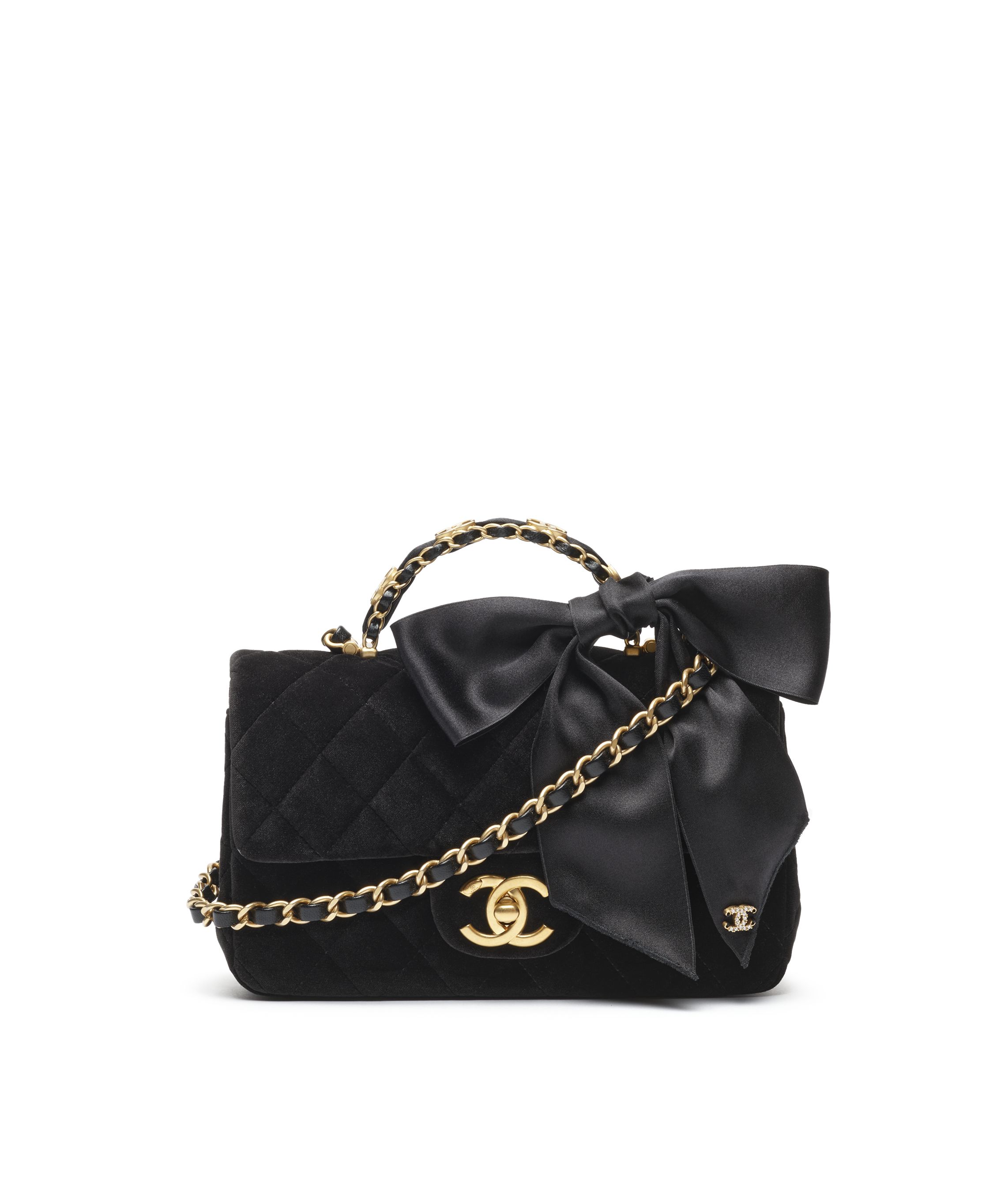 トップハンドル ミニ フラップ バッグ、ベルベット、シルク、ブラック