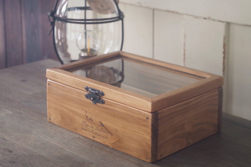 アンティーク風 木製】ガラス蓋付きマスキングテープ収納ボックス