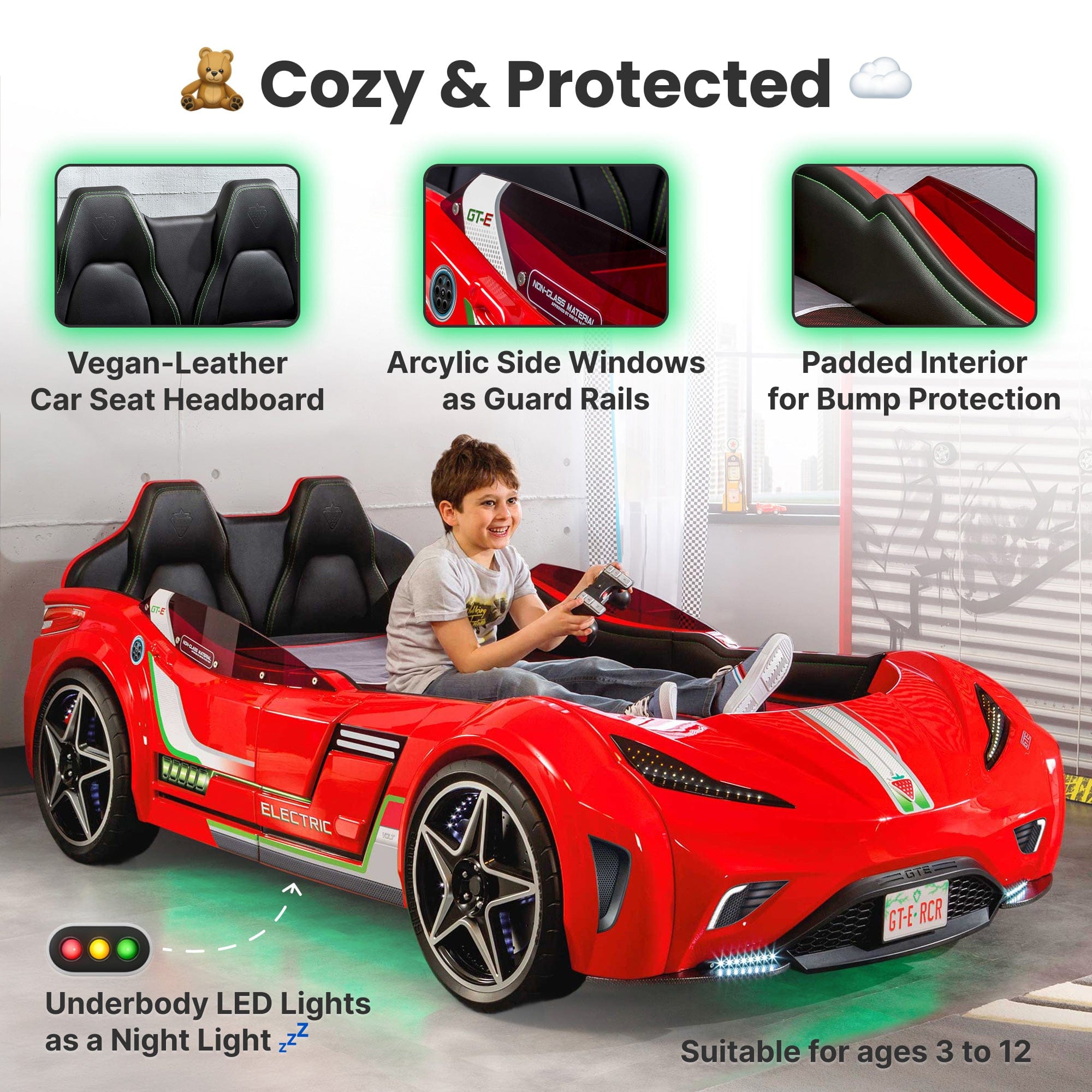 GTS EV Red Twin Race Car Bed with Remote, LED Ambient Lights