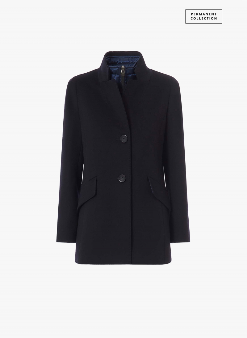Short blue pure wool coat with detachable nylon bib | Cinzia Rocca