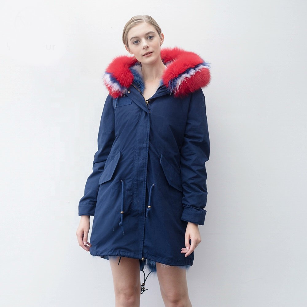 プラスサイズあり Real Mix Stripe Fox Fur Real Fur LinerHoodie