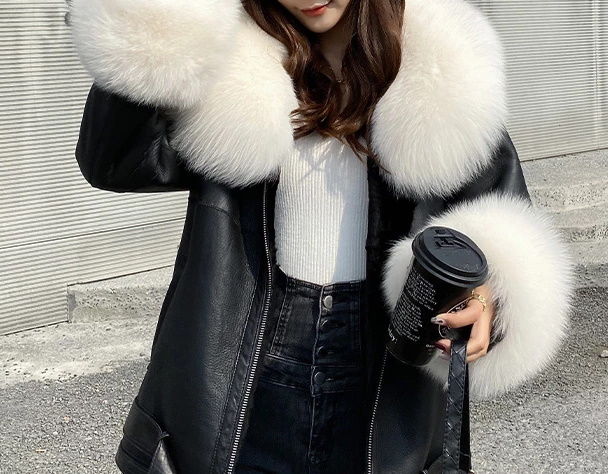 Oversized Real Fox Fur Collar with Genuine Sheepskin Leather