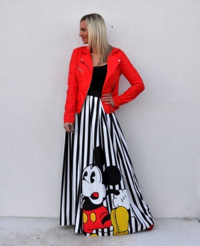 22 Women's Mickey comic cartoon printed Striped maxi long skirt