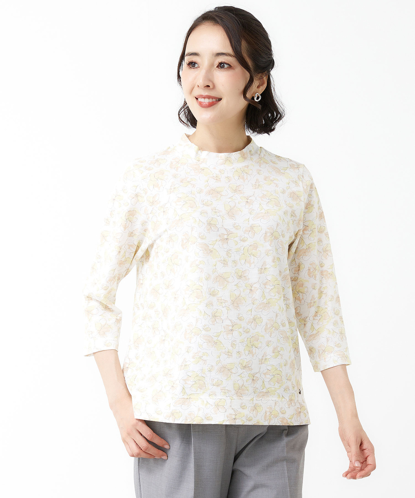 レディース 花柄 ハイネック 七分袖カットソー通販 [0302-53206