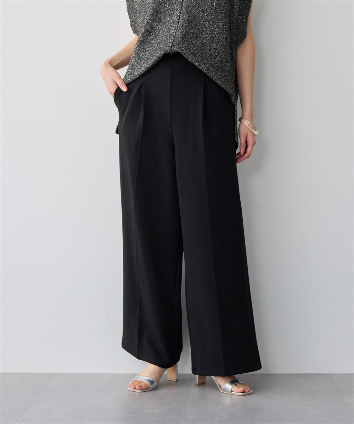 anyfee/プラスサイズ】ニットジョーゼットワイドパンツ anyfee｜クロス