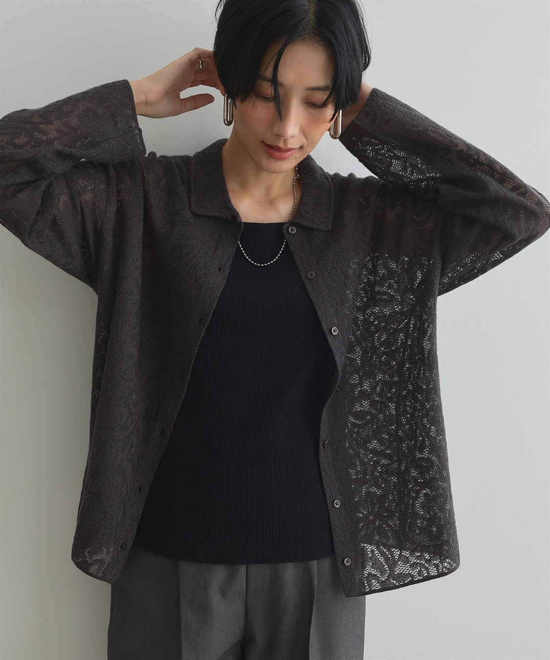 洗える》サマ美え シアージャガードレースニットカーディガン CROSS