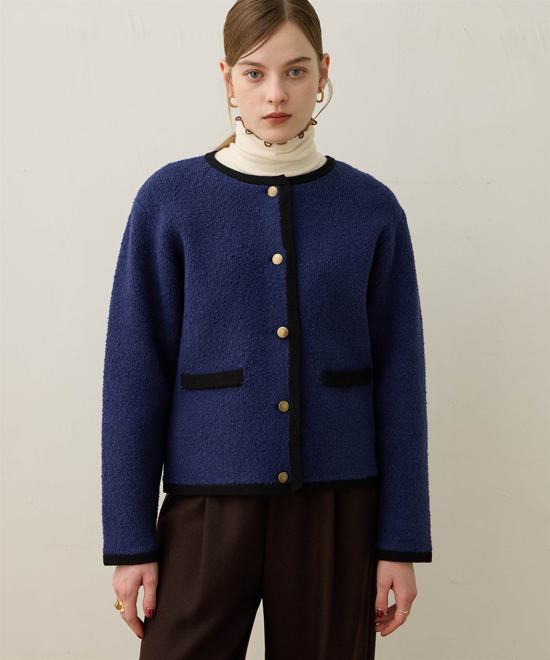 ノーカラーニットジャケット【ハンドウォッシャブル】 LE SOUK HOLIDAY