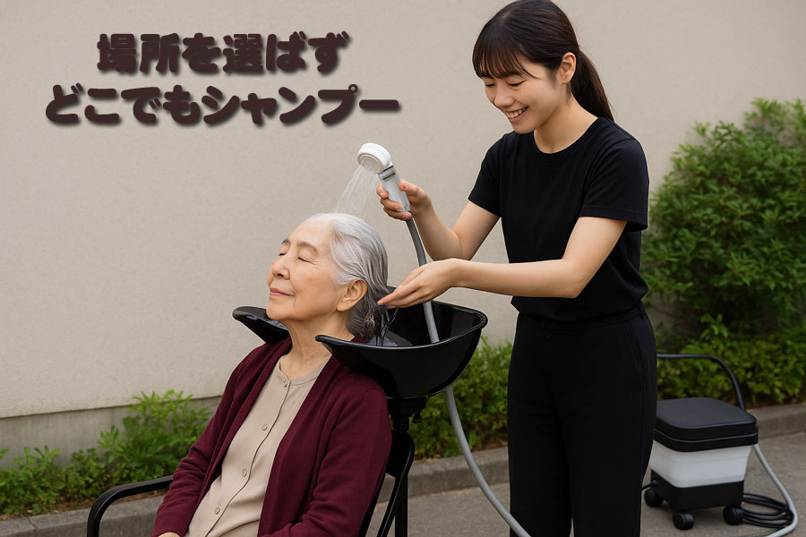 どこでもシャワー｜コードレスで快適シャンプー｜訪問美容・介護対応