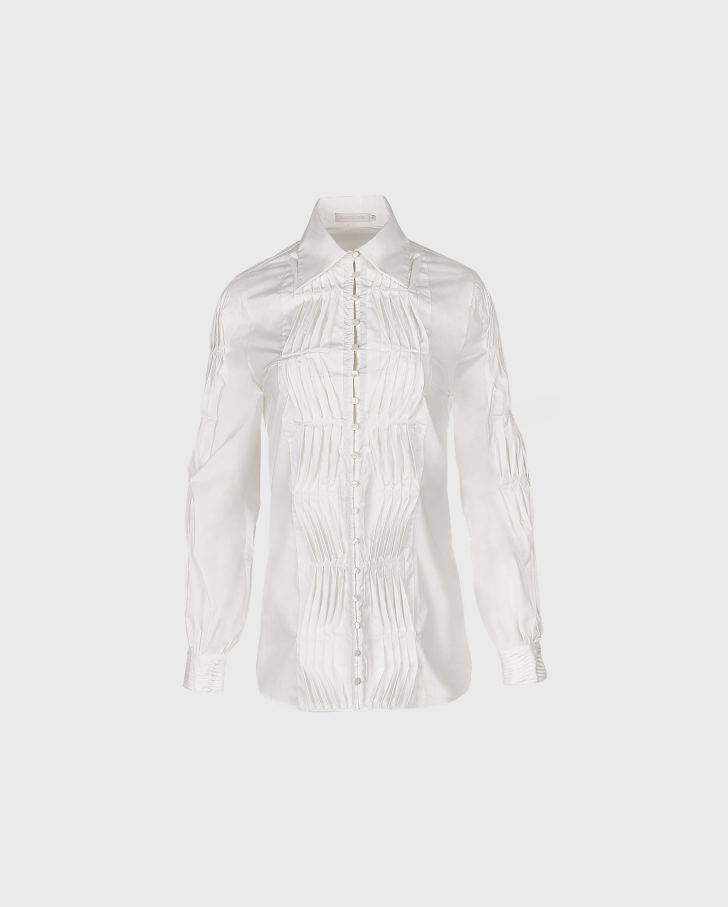 ELODIE White Cotton Long Length Blouse With Pintuck Wave Design