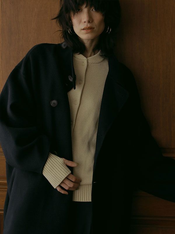 ETRE TOKYO - スタンドカラーリバーロングコート - NAVY | ADDICT WEB SHOP