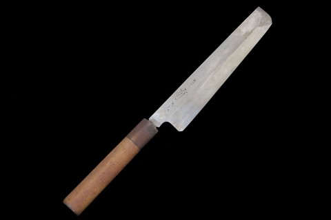 特製 柳刃包丁 尺一 霞 本鍛錬 青二鋼 水牛黒檀八角柄 箱付 【O334