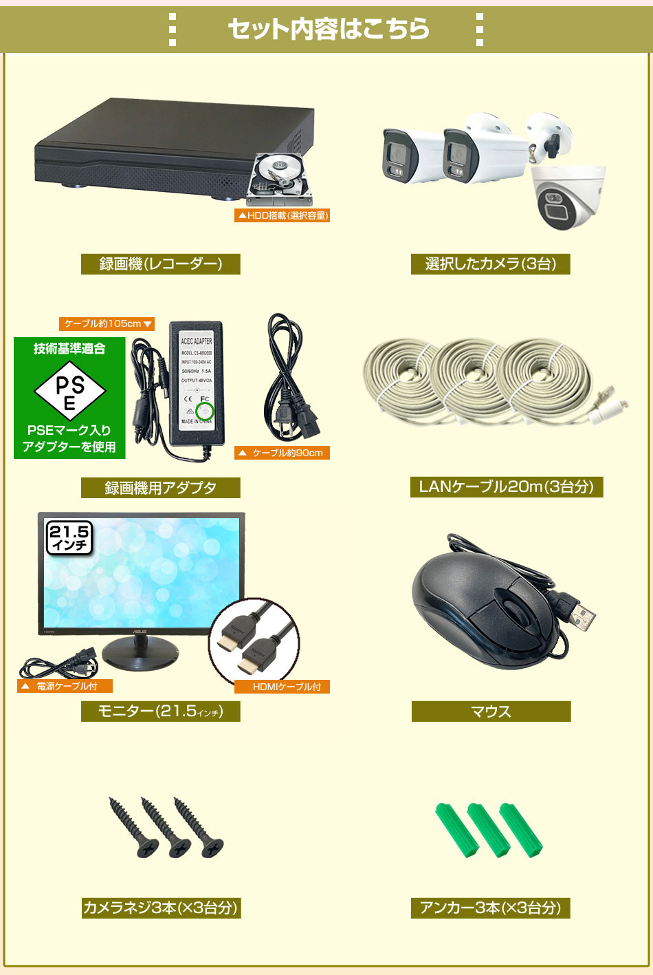 防犯カメラ 3台セット 屋外 21.5インチモニターセット 録画機付き AI